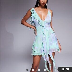 ASOS DESIGN printed mesh ruffle drape skater mini dress in floral print